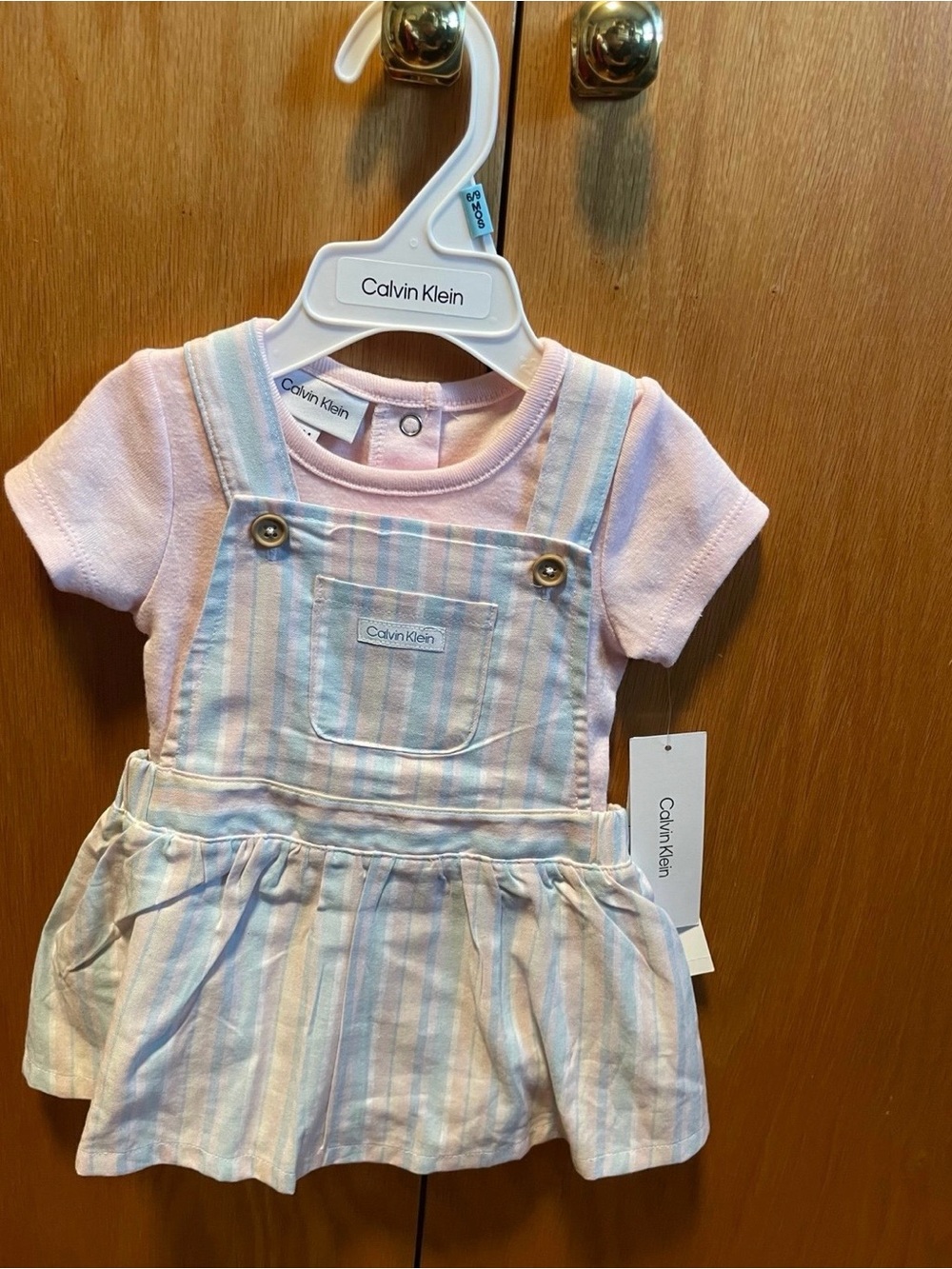 NWT Calvin Klein Pastel Pink & Blue Striped Overall Dress
